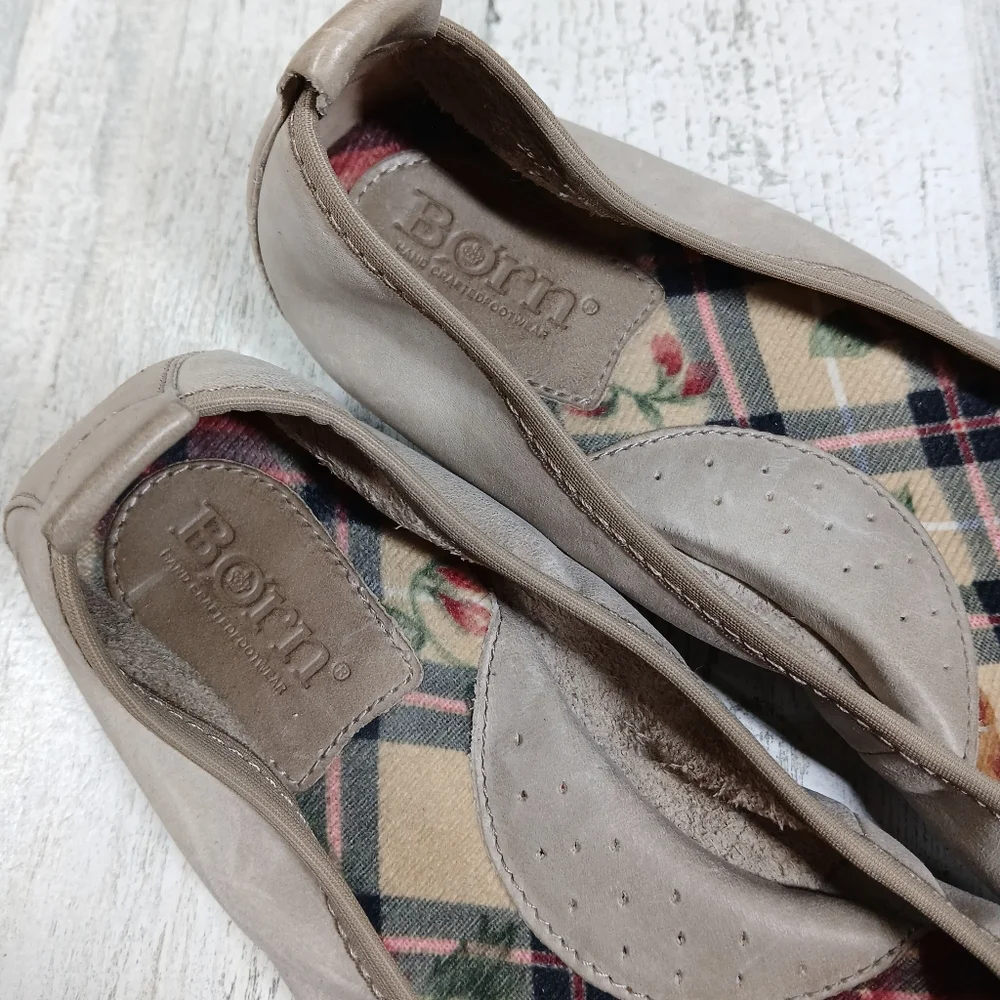 Born Taupe‎ Leather Slip-On Ballet Flats with Plaid Insole and Rubber Sole #1501